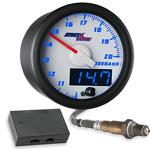 MaxTow Double Vision Wideband Air / Fuel Ratio AFR Gauge Kit - Includes Oxygen Sensor, Data Logging Output & Weld-in Bung - White Gauge Face - Blue LED Dial - Analog & Digital Readouts - 2-1/16" 52mm