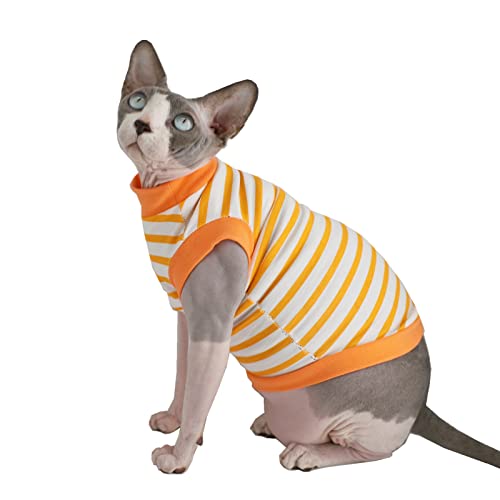 Sphynx Hairless Cat Summer Cotton T-Shirts Cat Vest Pet Clothes,Round Collar Vest Kitten Shirts Sleeveless, Cats & Small Dogs Apparel (X-Large, Orange Stripes)