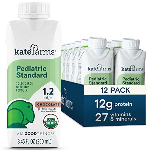 KATE FARMS Organic Plant Based Pediatric 1.2 Sole Source Chocolate Nutrition Shake, 12g of protein, 27 Vitamins and Minerals, Meal Replacement Drink for Kids, Non-GMO, 8.45 Fl oz (Pack of 12)