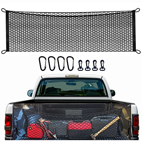 Chortly Gear Truck Bed Cargo Net - Elastic Pickup Truck Storage with 4 Metal Heavy Duty Carabiners - Mesh Pouch Style Organizer for Groceries, Bags, Tools, Boxes, Accessories -Black, 50x18