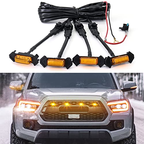 eTzone LED Grille Lights Amber with Harness & Fuse for Tacoma TRD PRO Front Grille 2016 2017 2018 2019 (4PCS, Amber Shell with Amber Lights)