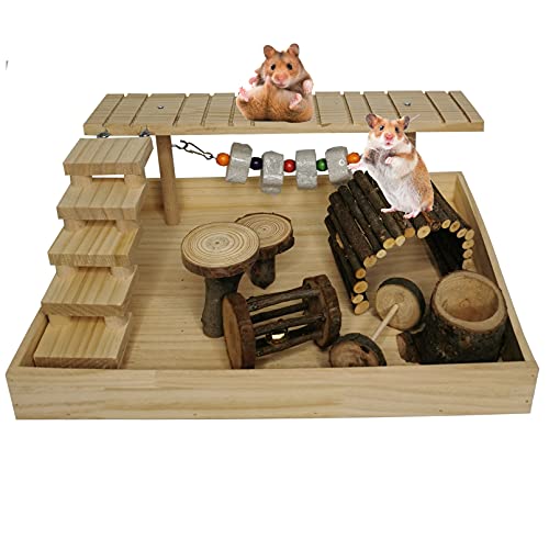 Dwarf Hamster Natural Living Climb System,Gerbil Playground Activity Set Platform Toy Fruitwood Exercise Chewing Toys for Teeth Wooden Small Pets House Hideouts Hut Castle withLadder Bridge Playing