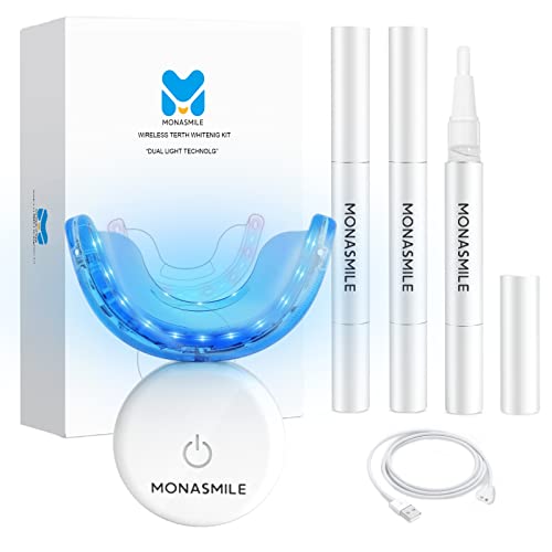 Monasmile Teeth Whitening Kit with 32 LED Lights-10 Mins Fast Teeth Whitener with 3 Carbamide Peroxide Pen for Sensitive Teeth, Gum, Braces Care, Help Removing Stains from Smoking, Coffee, Soda, Food