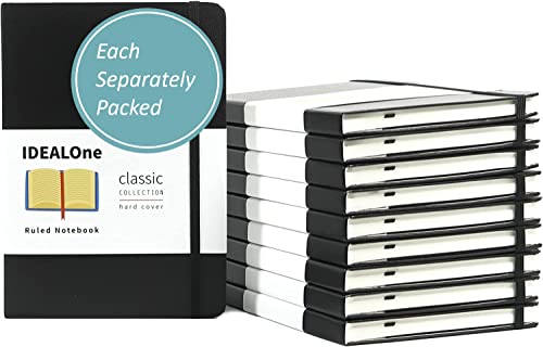 IDEALOne Black 10 pack, Classic Hardcover Lined Notebook Journal  For Work, Home, School, 5.7 x 8 inches, 160 pages,100GSM, with Elastic Band Closure and Ribbon Bookmark