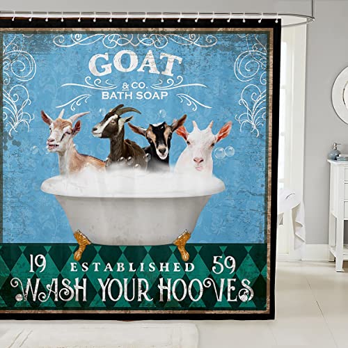 Funny Goat Shower Curtain for Bathroom Kids Retro Funny Farm Animal Bathroom Shower Curtain Set Girls Vintage Farmhouse Goats Bath Curtain Blue Green Diamond Geometric BathroomAccessories 72"x72"