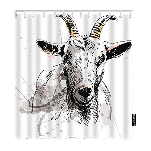 EKOBLA Goat Head Shower Curtain Colored Hand Sketch Animal Domestic Farm Portrait Horn Wildlife Waterproof Wrinkle-Resistant Shower Curtain for Bathroom Polyester Fibre 60x72 Inch(150x180cm)