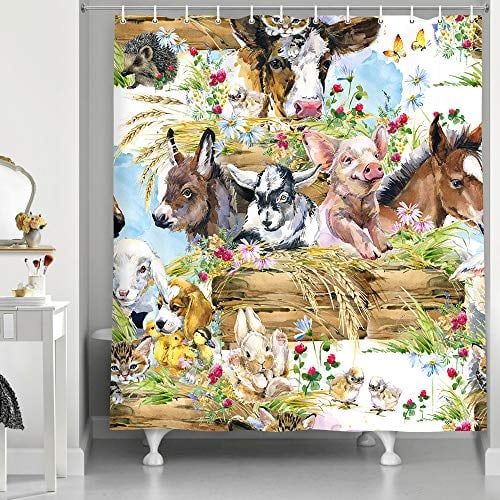 NYMB Farms Animal Shower Curtain, Cute Domestic Pets Foal Piggy Chicken Dog Duckling Sheep Goat Calf Donkey Kitten Bath Curtain, Waterproof Washable Fabric Bathroom Accessory Sets, 69x70 Inches