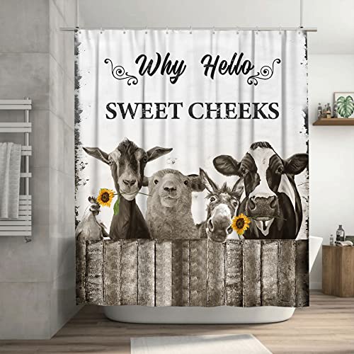 Farmhouse Animal Shower Curtain Black and White Country Cow Donkey Bathroom Shower Curtains Rustic Farm Sheep Rooster Shower Curtain Waterproof Polyester Fabric Decor with Plastic Hooks 60 x72 Inches