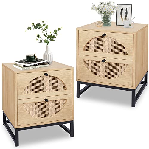 AWQM Rattan Nightstand Set of 2,Farmhouse End Table Set of 2,Wood Sofa Side Table,Accent Table with Storage, Bedside Table Accent Storage Cabinet for Bedroom Living Room,Metal Legs,Beige