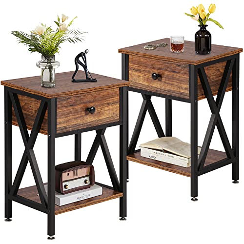 VECELO Night Stands for Bedroom Nightstand Bedside End Tables with Drawer Storage, (Set of 2), Rustic Brown