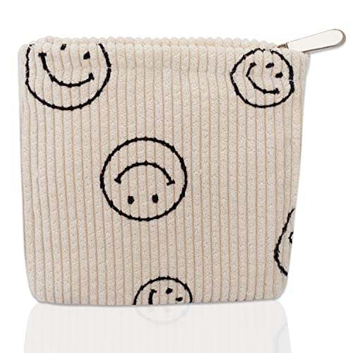 LYroo Small Makeup Bag Smiley Face Mini Makeup Zipper Pouch Corduroy Makeup Bag Small Cosmetic Bag for Purse Essentials Items Women Coin Purse Aesthetic Stuff