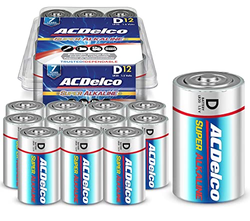 ACDelco 12-Count D Batteries, Maximum Power Super Alkaline Battery, 7-Year Shelf Life, Recloseable Packaging