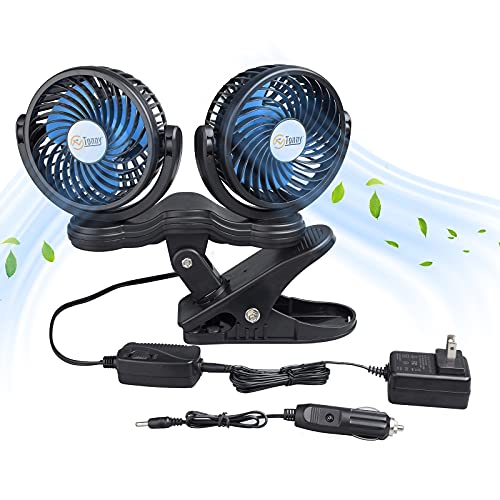 TN TONNY Dual Head Clip Fan, 12V/110V 4 Inches Electric Clip on Fan, 360 Rotatable Adjustable Cooling Air Fan with Stepless Speed Regulation and Brushless Motor for Vehicle or Home