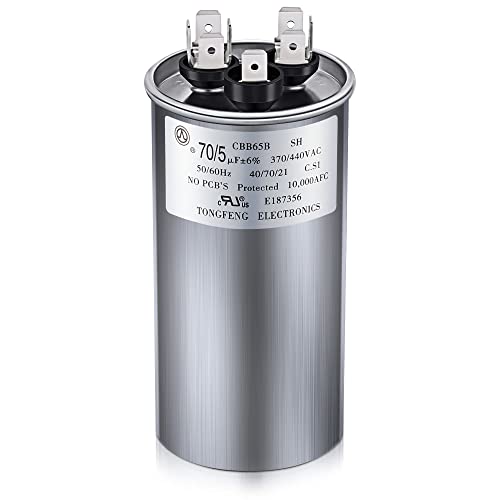 70/5 MFD uF 6% 370/440 VAC CBB65B Dual Run Round Capacitor, UL Listed Motor Run Capacitor for Condenser Straight Cool or Heat Pump Air Conditioner Parts Replacements