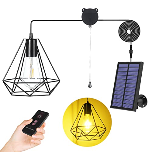 YUMAMEI Solar Pendant Lights, Solar Powered Shed Light with Pull Cord and Remote for Outdoor Indoor, Solar Chandelier, Gazebo Lights with Adjustable Solar Panel for Yard Patio Balcony Barn Garage