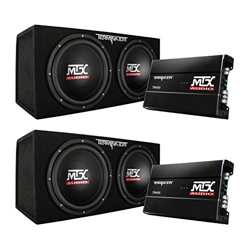 MTX 12 inch 1200W Dual Bass Package Terminator Series Loaded Car Subwoofer Audio with Sub Box and Amplifier (2 Pack)