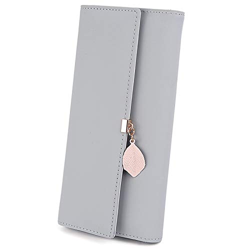 UTO Wallet for Women PU Leather Leaf Pendant Card Holder Phone Checkbook Organizer Zipper Coin Purse Ace Large Grey