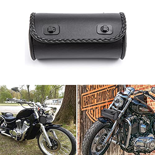 Motorcycle Handlebar Bag, Motorcycle Fork Tool Bag, Universal Small Leather Saddlebags for Motorcycle Front Fork Handlebar Tail Rack Sissy Bars (Black 1)