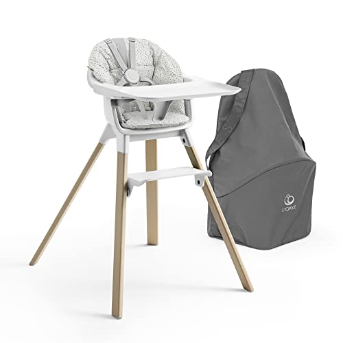 Stokke Clikk High Chair (White) with Clikk Cushion (Grey Sprinkles) + Travel Bag (Grey) - Includes Tray & Harness - Light, Durable & Travel Friendly - Best for 6-36 Months or Up to 33 lbs