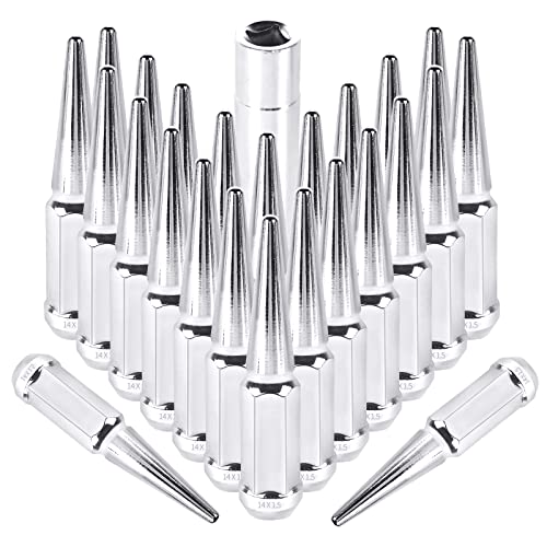 MIKKUPPA 14 mm x 1.5 Wheel Spike Lug Nuts, 24 x Chrome M14x1.5 Lug Nut, Cone/Conical Bulge Seat, MIKKUPPA Silver Closed End Nuts with 1 Socket Key for Silverado Aftermarket Wheel