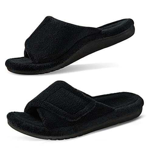 GRITHEIM Women's Orthotic Arch Support Slippers Fuzzy Adjustable Orthopedic Slippers for Plantar Fasciitis Furry Slide Slippers for Ladies black 9