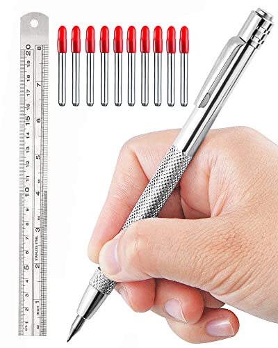 Metal Scribe, 1 Tungsten Carbide Scriber with Extra 10 Replacement Marking Tip, with Magnet and Clip, Aluminium Etching Engraving Pen for Glass/Ceramics/Metal Sheet, with 1 Pack Stainless Steel Ruler