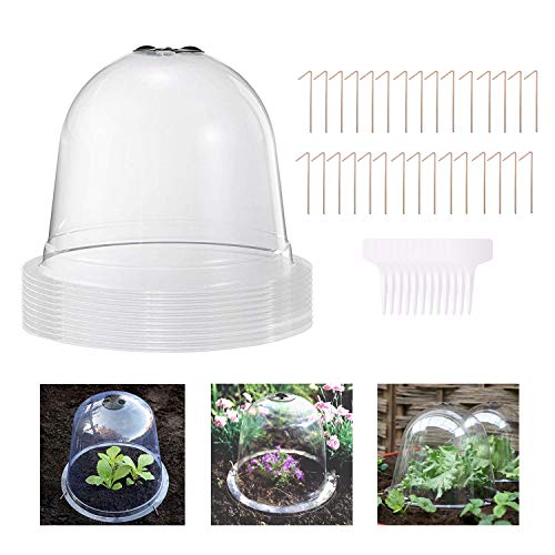 10 Pack Reusable Plant Protector Cover - Mini Greenhouse with 30pcs Metal Stakes + 10pcs Plant Labels, Garden Cloche Dome Plant Bell Cover for Outdoors Plants. (10.2" Diam. X 8.3" Height)