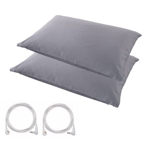 Standard Grounding Pillowcase with 180 inch Grounding Cord, Organic Cotton + Silver Fiber, Conductive Earthing Mat for Better Sleep (2 Pcs)