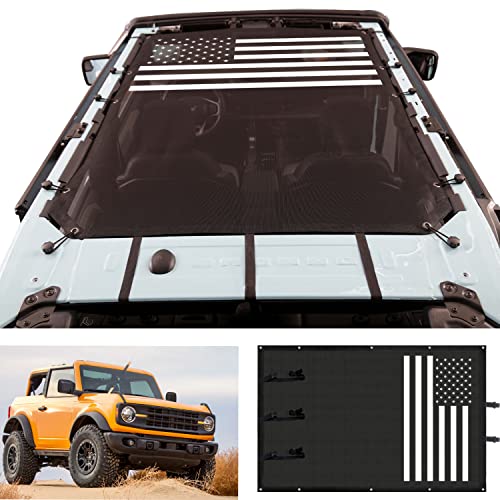 Mesh Sunshade for Ford Bronco accessories 2021 2022 w/Flag, Ford Bronco Sunshade American flag, Bronco Bimini top 4 door Roof sunshade mesh, Bronco Mesh Top 4 Door