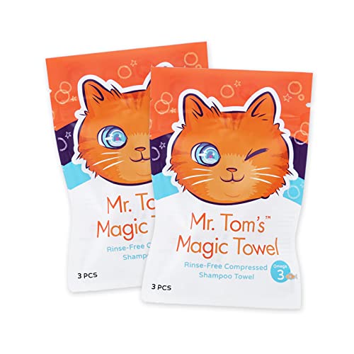 Mr. Tom's Magic Towel - Rinse-Free Compressed Shampoo Towel for Cats and Dogs - Cat Wash Cloth for Dog and Cat Dry Wash - Cat Shampoo Towel Pet Wipes for Cats - 2-Pack (6 Towel Pieces)