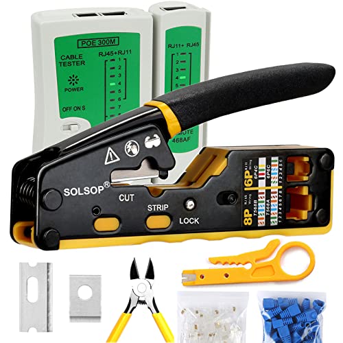 Solsop Pass Through RJ45 Crimp Tool Kit Ethernet Crimper CAT5 Cat5e Cat6 Crimping Tool Kit