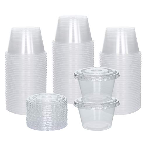 [100 Sets] 4 oz Small Plastic Containers with Lids, Jello Shot Cups with Lids, Disposable Portion Cups, Condiment Containers with Lids, Souffle Cups for Sauce and Dressing