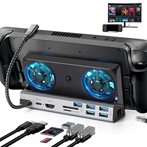 Steam Deck Dock with Dual Cooling Fans, 10-in-1 Steam Deck Docking Station with SD/TF Card Slot, HDMI 2.0 4K@60Hz, 5 USB Ports, Gigabit Ethernet, USB-C PD3.0 Charging Port, Made for Valve Steam Deck