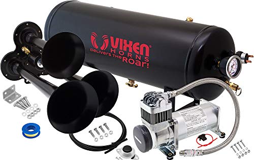 Vixen Horns Train Horn Kit for Trucks/Car/Semi. Complete Onboard System- 200psi Air Compressor, 2.5 Gallon Tank, 3 Trumpets. Super Loud dB. Fits Vehicles Like Pickup/Jeep/RV/SUV 12v VXO8325/3114B