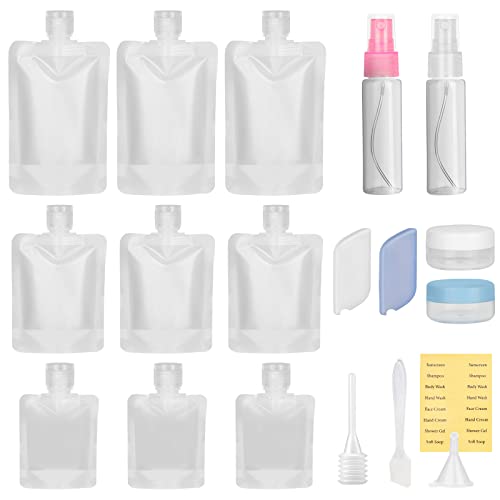 Travel Pouches for Toiletries 19 Pack, TSA Approved Squeeze Flat Bottle Pouches, Refillable Travel Size Containers, Reusable Spray Bottles Jars, Portable Travel Accessories for Shampoo Lotion Liquids