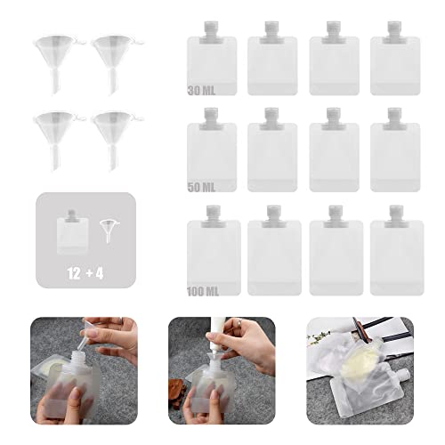 Travel Refillable Empty Pouch,Liquid Cosmetics Squeeze Clamshell Bags,Portable Fluid Makeup Storage Tools,Transparent Leak Proof Container for Toiletry/Lotion/Shampoo/Shower Gel,12Pcs(30ml/50ml/100ml)