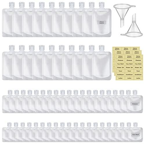 UHAPEER 60 PCS Refillable Empty Squeeze Pouches, Portable Travel Fluid Bags with Funnel and Label, 30ml/50ml/100ml Makeup Packaging Bags, Clear Leakproof Travel Container for Toiletries Lotion Shampoo