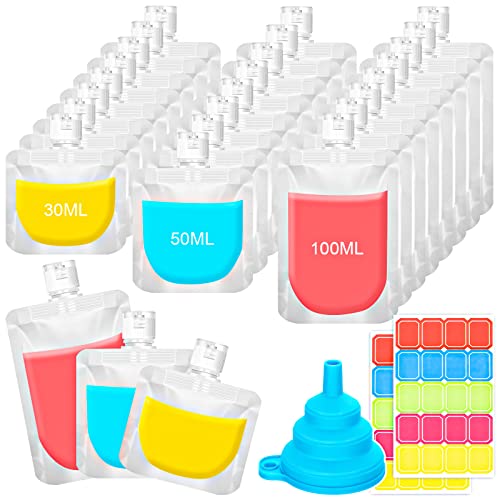 ZHWKMYP 27Pcs Portable Fluid Packing Bags with Labels, 24Pcs Portable Travel Fluid Makeup Packing Bag, with 1 Pcs Funnels and 2 Pcs Labels, for Shampoo Lotion Soap Body Wash