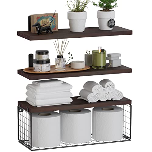 WOPITUES Floating Shelves Wall Mounted, Rustic Wood Bathroom Shelves Over Toilet with Paper Storage Basket, Farmhouse Floating Shelf for Wall Decor, Bedroom, Living Room, KitchenRustic Brown