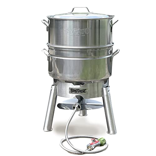 Bayou Classic KDS-151 Stainless Steamer Kit Features Heavy Welded Loop Handles 4-in Cast Aluminum Burner 10-psi Regulator w/ 48-in Hose Perfect for Steaming Up to A Half Bushel of Seafood