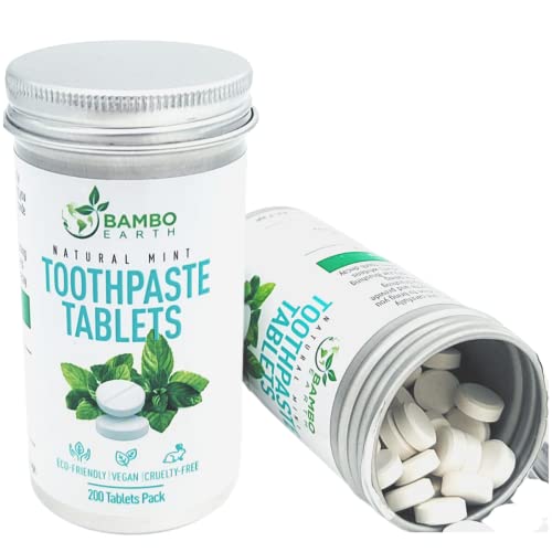 200 Pack Natural Toothpaste Tablet Bits - Chewable Mouthwash Whitening Bite Tablets for Teeth SLS & Fluoride Free Eco & Travel Friendly - Zero Waste Packaging - Mint & Activated Charcoal (Peppermint)