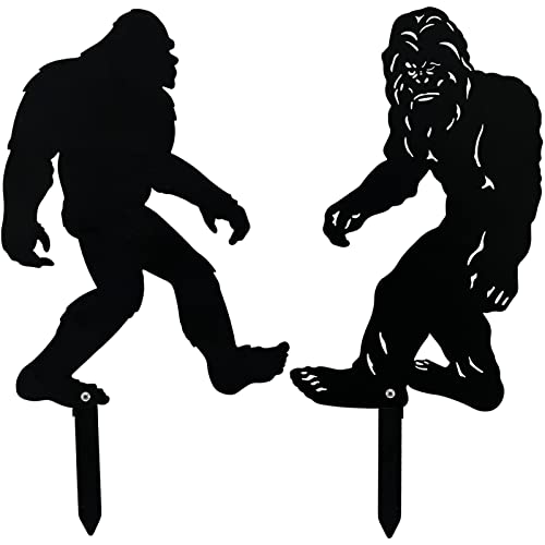 Metal Bigfoot Stake Decorative Garden Set of 2, Sasquatch Gifts Yard Art Sign Outdoor Statue, Black Bigfoot Silhouette for Lawn Patio Decor