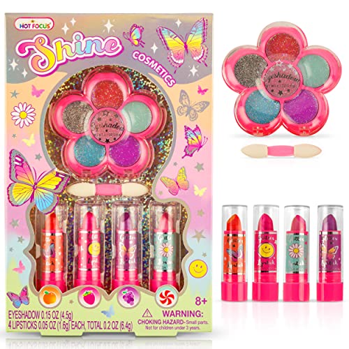 Hot Focus Toddler Makeup Kit - Girls Makeup Kit with Mood Change Lipsticks and Colorful Eyeshadow Palette - Kid-Friendly, Washable Little Girl Makeup & Pretend Play Set (Applicator Included)