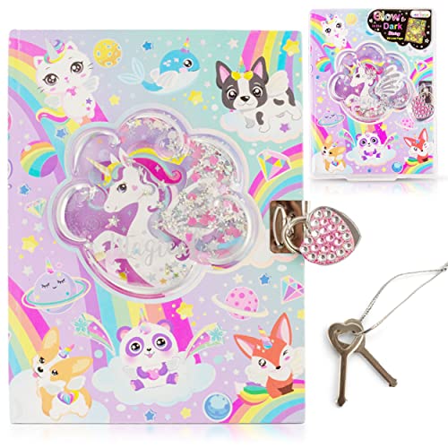 Hot Focus Magical Unicorn Diary with Lock and Key - Glow in the Dark Unicorn Diary for Girls with Heart Shaped Pad Lock and 2 Keys - 300 Lined Pages Writing Journal - Ideal Gift for Girls