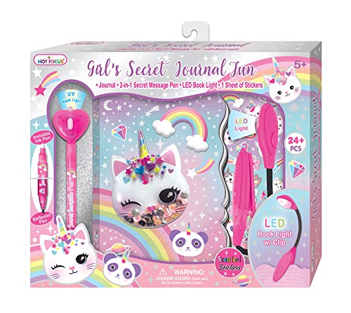Hot Focus CAT Air Bubble w/Sequins. Secret Diary with LED Book Light, Invisible Ink Pen and Sticker Set  6 Journal Notebook with 200 Lined Pages. Perfect Stationery Set for Girls/Kids/Teens
