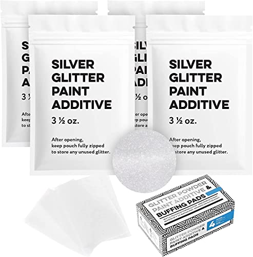 [4 Pack] 3.5oz Silver Glitter Paint Additive & Paint Buffing Pads to Make Your Room Shine - Shimmering Paint Glitter Additive for Walls,Ceilings & Grout - Large Pad for Enhancing Glitter