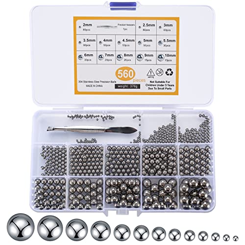 560 Pcs 2-10mm Assorted Bicycle Bearing Balls, Metric Precision Stainless Steel Bike Bicycle Wheel Metal Bearing Balls Assortment Kit - 13 Sizes