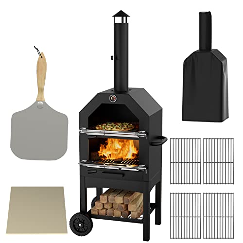 Amopatio Outdoor Pizza Oven, Everything Bundle Wood Fired Pizza Oven, 280 sq. in. Grill Area with 12" Pizza Stone + Pizza Peel + Waterproof Cover/Backyard, Camping, Party