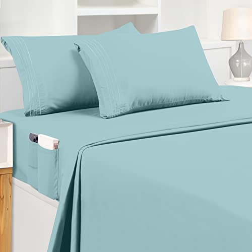 Utopia Bedding Queen Sheet Set  Soft Microfiber 4 Piece Luxury Bed Sheets with Deep Pockets - Embroidered Pillow Cases - Side Storage Pocket Fitted Sheet - Flat Sheet (Spa Blue)