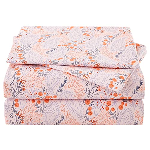 JSD Pink Floral Sheet Set Queen Size, Blue Paisley Print Microfiber Bed Sheets 4 Piece, Soft Wrinkle Free